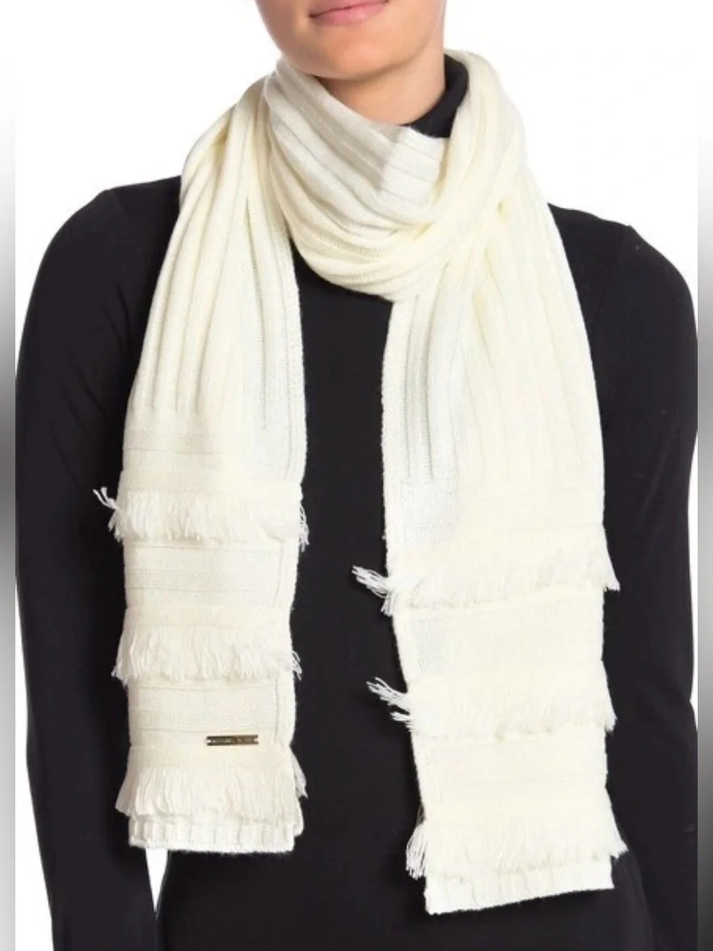 MICHAEL KORS Rib Fringe Muffler Scarf Cream Knit NWT